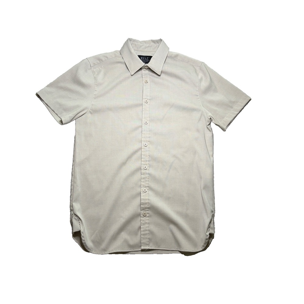 BYLT Premium Basics Vista Short Sleeve Button Down Shirt Mens S Beige Stretch